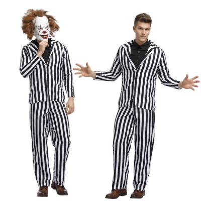 2019 new men's game uniform black and white striped clown costume circus clown costume