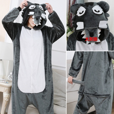 2019 new flannel wolf animal conjoined pajamas cute cartoon couple lovers clothing wholesale autumn and winter