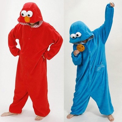 Cute cartoon red, blue sesame street boys and girls conjoined pajamas autumn and winter fleece lovers home clothes costumes
