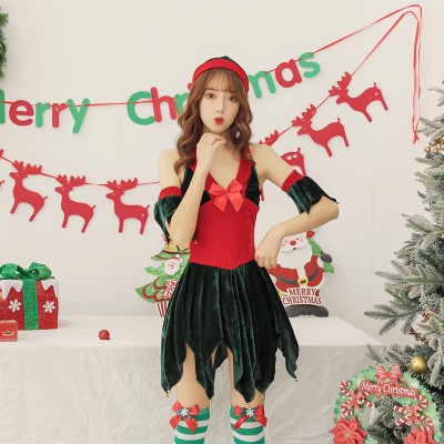 2019 new Japanese and Korean Christmas costumes sexy irregular Christmas skirt red green bell Christmas skirt photo costume