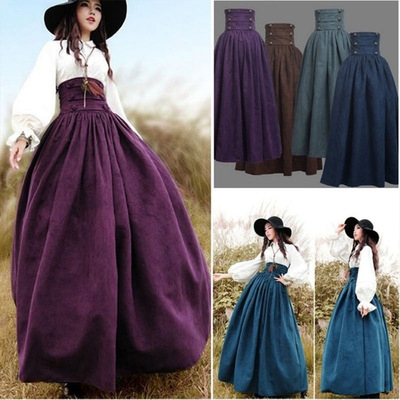Pure color high waist pleated retro Renaissance large skirt