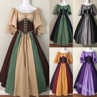 European and American medieval retro contrast color stitching flying sleeves lace-up waist big swing skirt one-shoulder dress dress female