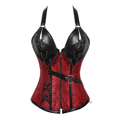 Explosive European and American court dress black brown 14 steel bone punk leather corset with belt hanging neck shapewear