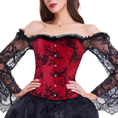 Court Lace Long Sleeve Bodysuit Corset Body Shaping Underwear One Word Neck Stage Costume