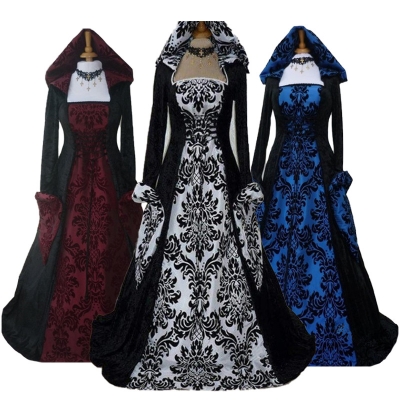 European and American women's clothing explosion style dinner medieval hooded swing dress print retro literature and art long-sleeved lace-up waist