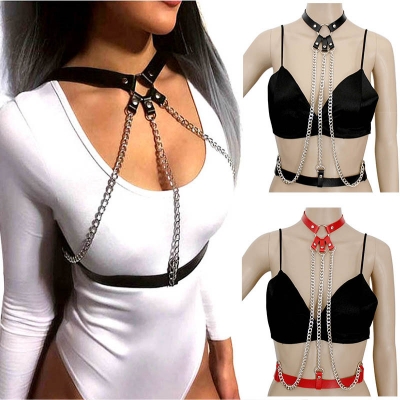 European and American jewelry fashion trend PU leather bondage necklace Necklace Sexy hip-hop nightclub performance body chain