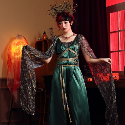 Halloween party costume Greek history mythology petrified snake head siren green matching headdress Medusa dress