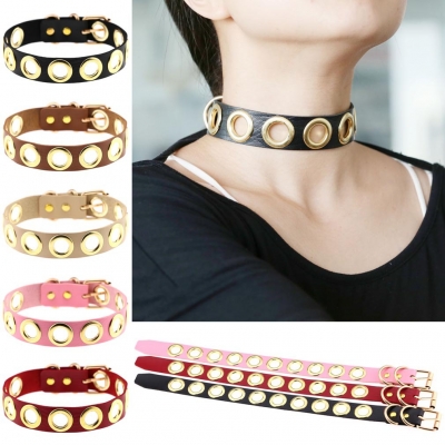 European and American simple personality black PU leather items hot -selling golden circle neck neck chain short collarbone necklace