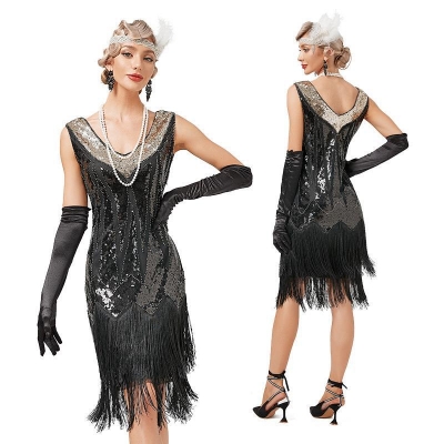 European and American retro 1920V collar double -layer streaming dress Gatsby cocktail dance sequins beaded dress
