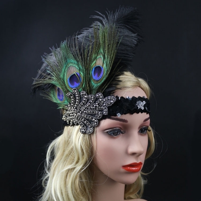 Classic European and American peacock feathers head jewelry banquet dance, Indian Antan feather head with 1920s headgear