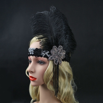 Feather head with sequins inlaid black feather head with Indian feather hair with horse racing headdress