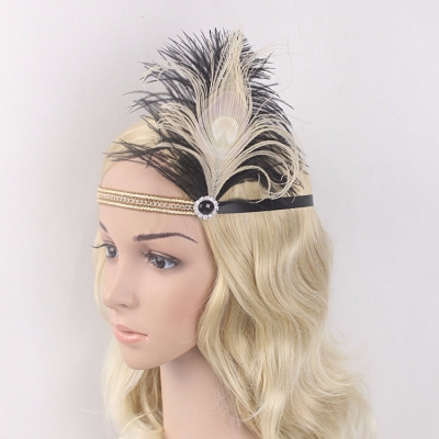 Hot -selling European and American feather head with black and white two -color diamond hairpiece party banquet boutique headdress