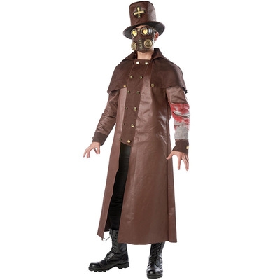 Cursed Priest Plague Doctor Steampunk Fake Double Breasted PU Leather Unisex Coat Undead Reaper