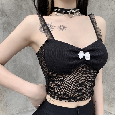 Dark European and American take skull lace halter top sexy perspective stitching print small halter vest
