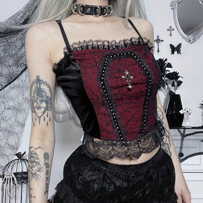 Euro-american dark wind cross print slim vest women's spider web lace stitching sexy suspender