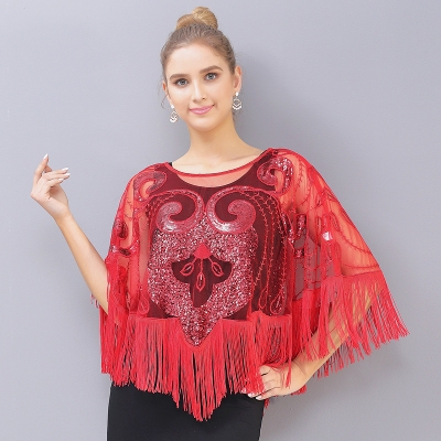 Loose large -size fringed jelly jacket shawl sequin mesh small jacket mesh sequin cape see -through small outer