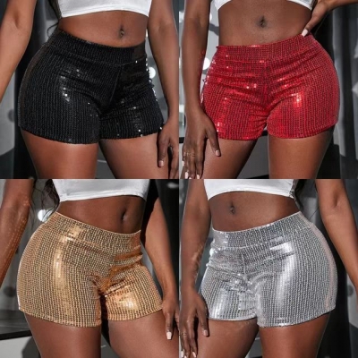 2023 European and American high waist casual shorts hot pants women's high stretch sequin bead piece bar performance costume