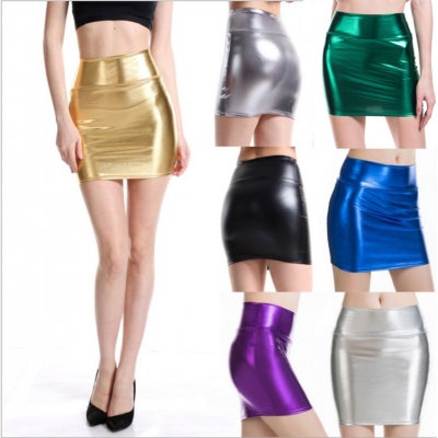 Sexy fashion matching performance clothes PU bag hip skirt hot gold solid color women's short skirt one step skirt