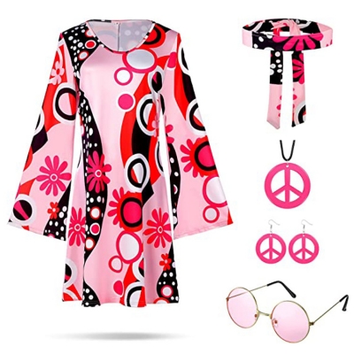 2023 Halloween 70's hippie disco costume holiday dress Headscarf + printed dress two-piece set