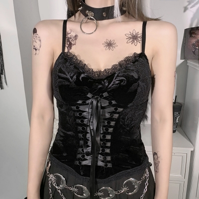 Dark sexy lace lace retro top female European and American summer black suspender vest women's