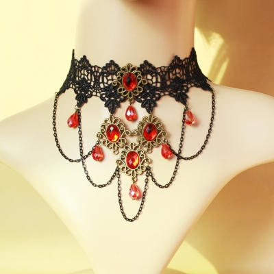 Gothic style vampire lace female choker necklace red crystal European and American exaggerated accessories