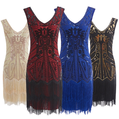 The 1920S 1920s vintage European and American movie dress with fringe hand-woven sequin dress
