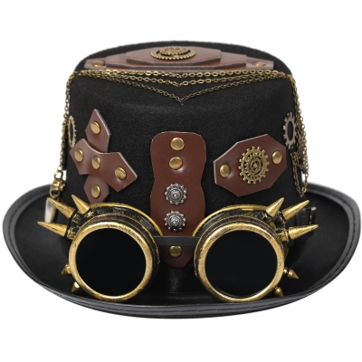 Explosive steampunk top hat rivet belt hat Goth glasses retro heavy industry hat headwear