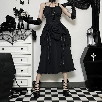 Spring 2023 new European style dark tie royal sister slim draw rope design sling dress female