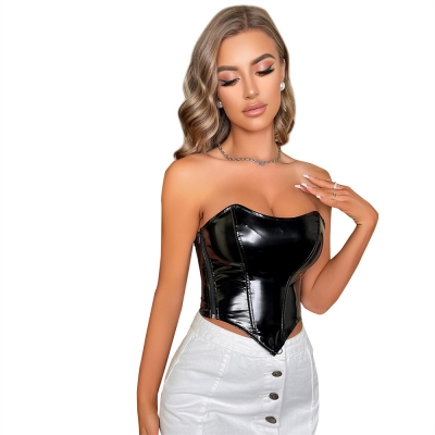 2023 new fish bone corset, European and American sexy underwear imitation leather zipper vest tight bras