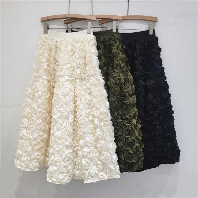 2024 European and American women's medium-length fluffy fairy A-line skirt French elegant three-dimensional rose flower skirt female