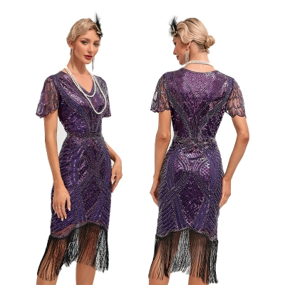 1920s Retro Dance Embroidery Flash Su Dress Skirt Chicken Tail Party Large -size Sequenant Nailing Net Slot