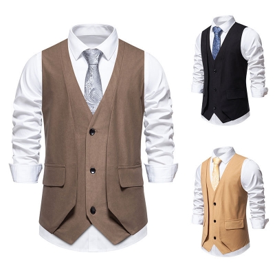 2024 Spring and Autumn men's suit vest retro V -neck fake two casual vest men