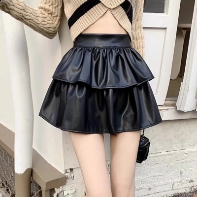 Apricot pleated PU leather skirt female spring and autumn new small puffy skirt high waist tall cake bag hip skirt