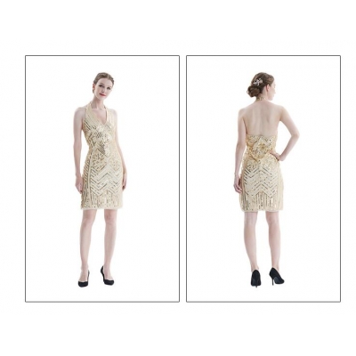 1920 European and American sexy sequins dresses hanging neck skirt female back V -neck low -cut high waist high -waisted heavy workers nail dress skirt