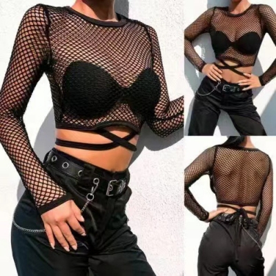 European and American fashion spring and summer new tide net grid round neck hollow tie bundle navel bottom female