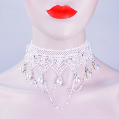 European and American bride wedding accessories white lace nail pearl flow Su Pearl pearl necklace female clavicle chain
