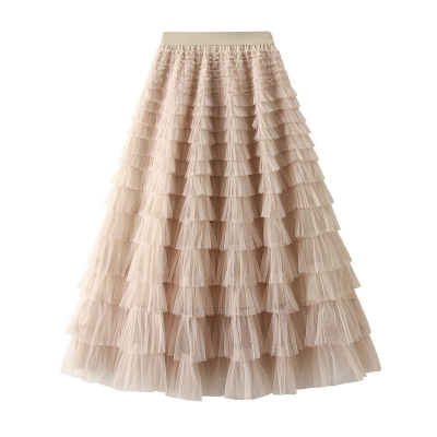 Mesh cake skirt women spring and autumn 2024 new style skirt fairy white gauze skirt pleated long skirt
