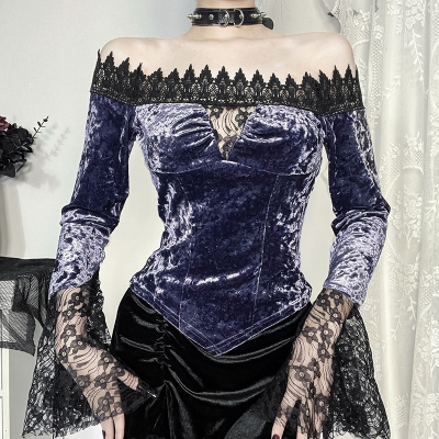 2024 new hot girl all-match sexy long sleeve European and American Gothic velvet one-shoulder top for women