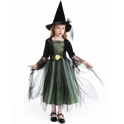 Halloween costume children's green mesh witch skirt camellia spider web witch holiday dress stage costume