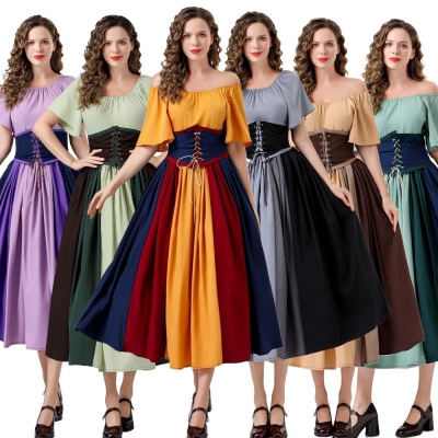 European and American medieval retro palace contrast color stitching flying sleeves tie waist large swing skirt masquerade performance costume