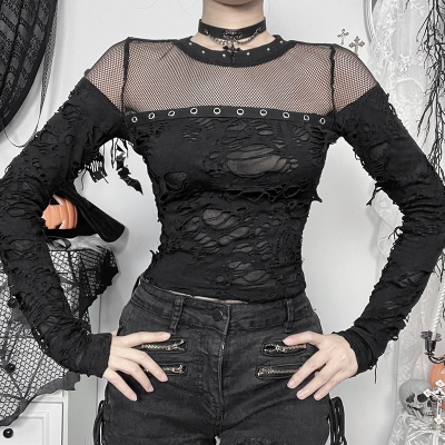 2024 new cross-border Halloween sexy hot girl versatile ripped fishnet splicing tops for women