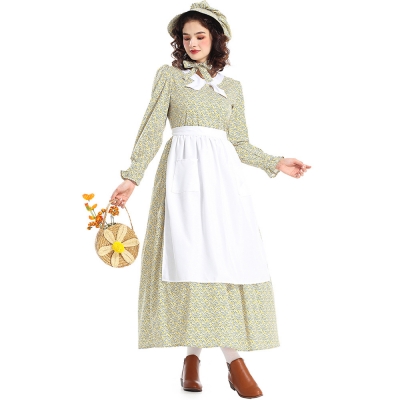 Halloween costume new arrival prairie colony yellow floral dress apron pioneer dress