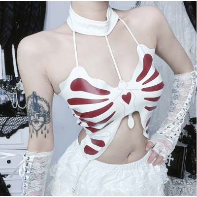 Dark-themed butterfly skull leather vest, 2025 new gothic style sexy hot girl fashion suspender top for women.
