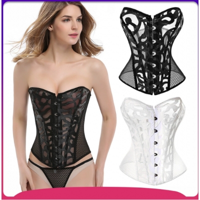 European and American style breast-binding underwear manufacturer, black printed mesh sexy shapewear, tummy control, waist-cinching, court-style corset