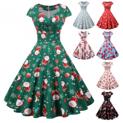 Christmas Outfit for Women, European and American Style, Square Neck, Padded Sleeves, Printed Retro Style, Full Skirt