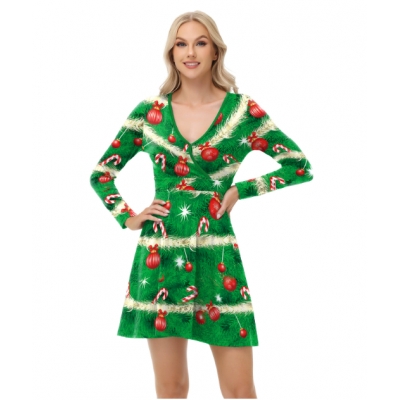 New European and American style sexy dress, Christmas dress, digital print V-neck autumn long-sleeved dress for women.