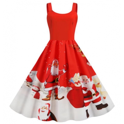 Christmas Women's Sexy Vest Printed Hepburn Style Retro Full Skirt