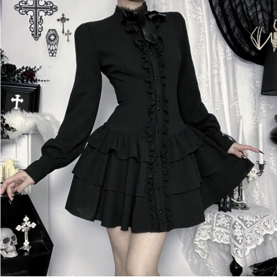 Dark-themed, fitted waist dress, 2025 new gothic style street style black long-sleeved short dress for women.