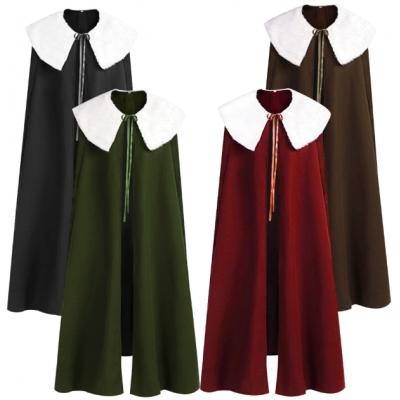 Medieval Halloween woolen wizard cloak, cosplay wizard knight robe with fur collar factory
