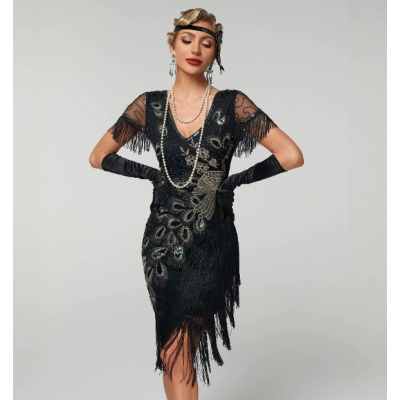 1920s Retro Sequined Gatsby Ball Fringe Dress Party Banquet Dance Dress Beaded Toasting Dress